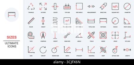 Dimensioni, peso e altezza, misurazione della distanza con righello e nastro, frecce delle dimensioni e set di icone della linea della bussola. Ipotenusa del triangolo, illustrazione vettoriale con simboli di contorno neri e rossi sottili Illustrazione Vettoriale