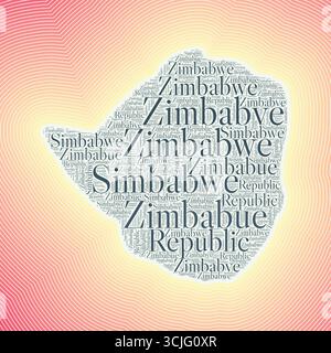 Forma dello Zimbabwe formata dal nome del paese in più lingue. Confine con lo Zimbabwe su un elegante sfondo sfumato a righe. Poster vibrante. Illustrazione Vettoriale