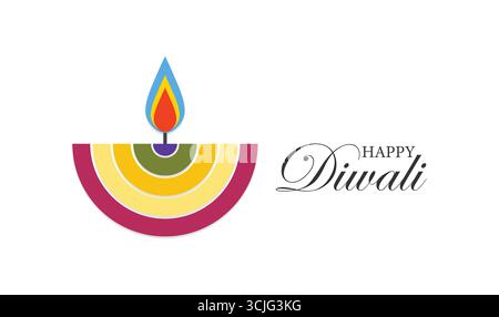 Moderna illustrazione Diwali Diya con fiamma colorata e tipografia festosa. Tessera diwali festiva. Modello di design con lampada, sfondo bianco Illustrazione Vettoriale