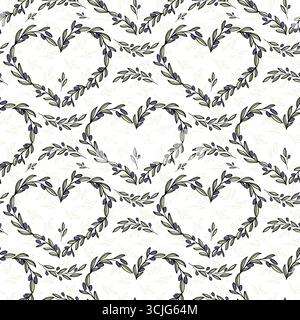La struttura a cuore con ramoscello d'oliva disegnata a mano lascia un motivo senza cuciture per un design tessile. Sfondo monocromatico semplice line art. Illustrazione Vettoriale