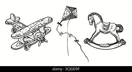 Aeroplano giocattolo in legno, aquilone, cavallino a dondolo, collezione di giocattoli retrò, disegno a doodle bianco e nero a inchiostro in stile xilografico Foto Stock