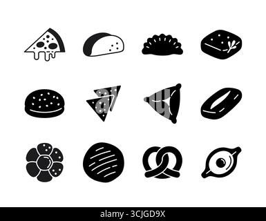 Un set di 12 icone di glifo nero che rappresentano una varietà di prodotti da forno salati e dolci e spuntini di diverse cucine, tra cui pizza, tacos e t Illustrazione Vettoriale