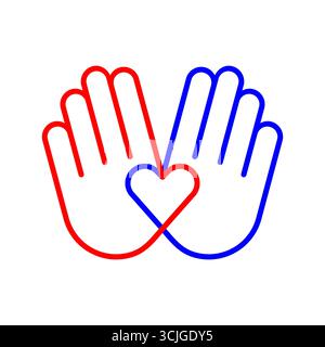 Due mani che formano l'icona a forma di cuore. Simbolo di unità, rispetto e cooperazione. Rappresenta insieme, cooperazione, volontariato. Vettore Illustrazione Vettoriale