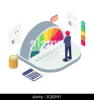 Uomo d'affari isometrico con misuratore di misurazione della gestione dei rischi che indica un rischio elevato. Concetto di strategia di investimento e gestione del rischio Illustrazione Vettoriale