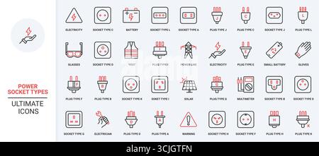 Tipi di prese di alimentazione per la carica di energia elettrica, set di icone di linea per gli standard nazionali diversi. Spina su filo e adattatore, presa europea americana sottile, simboli di contorno neri e rossi, illustrazione vettoriale Illustrazione Vettoriale