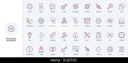 Ingranaggi di lavorazione, ruota dentata di meccanismo e macchinari, set di icone della linea di strumenti di riparazione. Supporto del processo, ingranaggi con frecce e cursori delle impostazioni sottili simboli di contorno neri e rossi illustrazione vettoriale Illustrazione Vettoriale