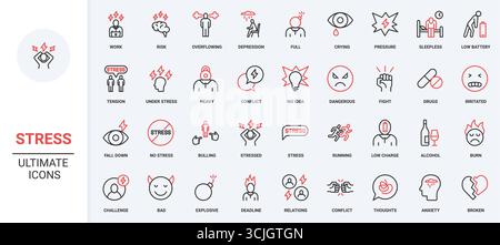 Sintomi di stress, problemi mentali di cattive emozioni e rabbia, depressione rischio linea icona set. Fulmini e fuoco alla testa dell'uomo con ansia sottili simboli di contorno neri e rossi illustrazione vettoriale Illustrazione Vettoriale