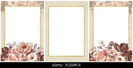 Fiori di rosa e beige. Biglietto d'invito. Modelli per matrimoni in stile acquerello color pastello con motivi floreali Foto Stock