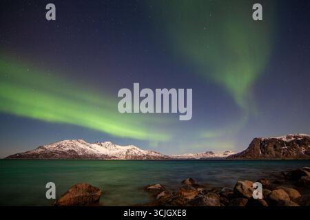 Aurora boreale in un cielo limpido sopra un'isola vicino a Tromso, Norvegia Foto Stock
