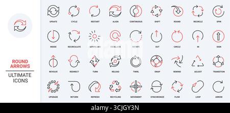 Frecce circolari di ricarica e ripetizione del processo, ciclo e avanzamento, set di icone della linea di virata. Rotazione circolare, grafici e cerchi di pulsanti, frecce curve sottili nere e rosse illustrazione vettoriale Illustrazione Vettoriale