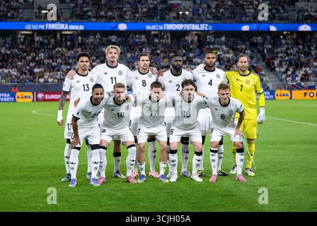 Startelf Teamfoto Pharrell Nnamdi Collins (Deutschland, #13), Nick Woltemade (Deutschland, #11), Leon Goretzka (Deutschland, #08), Antonio Ruediger (Deutschland, #02), Jonathan Tah (Deutschland, #04), Oliver Baumann (Deutschland, #01), Serge Gnabry (Deutschland, #20), Maximilian Mittelstaedt (Deutschland, #18), Florian Wirtz (Deutschland, #17), Angelo Stiller (Deutschland, #16), Joshua Kimmich (Deutschland, #06), SVK, Slowakei vs Deutschland, Fussball, qualificazioni europee UEFA, 1. Spieltag, Spielzeit 2025/2026, 04.09.2025 foto: Eibner-Pressefoto/Michael Memmler Foto Stock