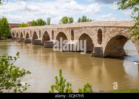 Il ponte medievale in pietra Puente de Piedra sul fiume Douro nella città spagnola di Zamora Castiglia e Leon Spagna Foto Stock