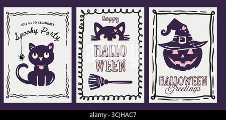 Set di poster di Halloween rosa retrò, stravagante Doodle Coquette, carino vettore di carte con cappello di strega, scopa e zucca Illustrazione Vettoriale
