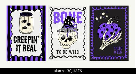 Set di poster di Halloween rosa retrò per la fantasiosa Doodle Coquette carino vettore di carte con la collezione di vasi di zucca ragno teschio Illustrazione Vettoriale