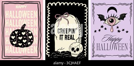Set di poster di Halloween rosa retrò stravagante Doodle Coquette carino vettore di carte con Monster Eye Eyeball grave Pumpkin Skull Collection Illustrazione Vettoriale