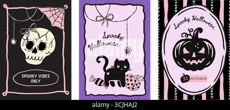 Set di poster di Halloween rosa retrò per la fantasiosa Doodle Coquette, carino vettore di carte con teschio di gatto, zucca, caramelle e Spooky Collection Illustrazione Vettoriale