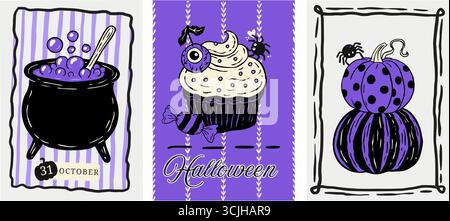 Set di poster di Halloween rosa retrò stravagante Doodle Coquette carino vettore di carte con Cupcake Cauldron Pumpkin Collection Illustrazione Vettoriale