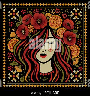 Donna Ucraina ornamento popolare viso Vector donna Ritratto sciarpa vettoriale quadrata scialle Stampa striscione Illustrazione Vettoriale
