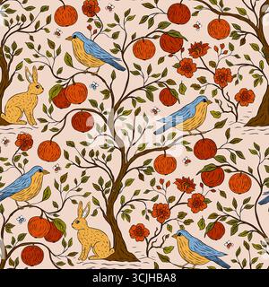 Stravagante bohémien Boho Garden Seamless Pattern con coniglio uccello Apple Fruit Tree Fiore in fiore e viti decorative Illustrazione Vettoriale