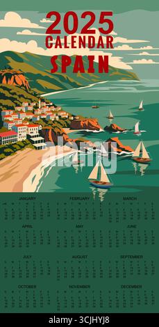 Calendario mensile 2025 Calendario mensile 2025 Calendario mensile Spagna poster di viaggio Illustrazione Vettoriale