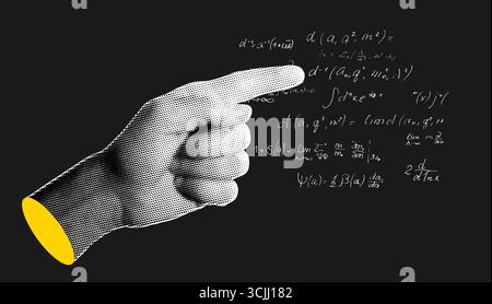 Mano sinistra disegnata in stile retrò monocromatico, che punta sulle formule scientifiche scritte a mano Illustrazione Vettoriale