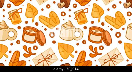 Caffè autunnale senza cuciture con motivo accogliente. Tazze da caffè, candela, vaso di miele e foglie autunnali in stile cartoni animati. Motivo colorato senza cuciture su sfondo bianco Illustrazione Vettoriale
