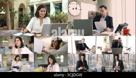 Comunicazione remota, uso di tecnologie moderne per affari e piacere, collage Foto Stock
