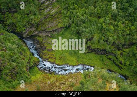 Vista aerea di piccole cascate e ruscelli che scorrono attraverso la lussureggiante foresta nella valle montana norvegese Foto Stock