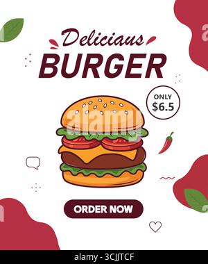 Modello di social media per fast food Burger Illustrazione Vettoriale