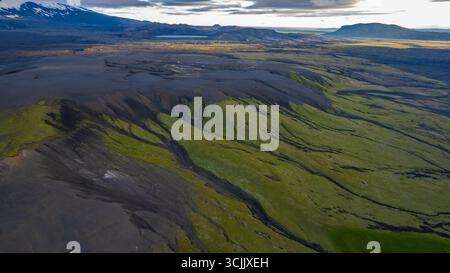 Ripresa aerea della natura selvaggia islandese con pendii vulcanici ricoperti di cenere nera e muschio verde che creano sorprendenti motivi naturali Foto Stock