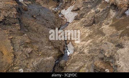 Aspra gola delle Highland in Islanda, modellata dall'erosione con spettacolari formazioni rocciose e acqua che scorre sotto Foto Stock