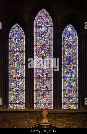 Vetrate colorate, transetto sud, cattedrale di St Patricks, Dublino, Irlanda Foto Stock