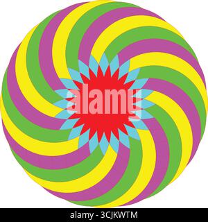 Disegno geometrico vibrante con motivo a forma di petalo e Mandala radiale astratto con colori brillanti e grafica geometrica floreale simmetrica Sunburst Illustrazione Vettoriale
