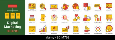Set di icone di marketing digitale | pacchetto di simboli Flat Vector Solid Style Business, SEO, Social Media e Analytics Illustrazione Vettoriale