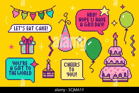 Le icone del gioco compleanno pixel sono isolate sullo sfondo. Illustrazione vettoriale di una scatola regalo dai colori brillanti, torta b-day con candela, palloncino, bollicine vocali con testo, coriandoli, design rétro arcade Illustrazione Vettoriale