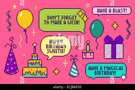 Elementi per festeggiare il compleanno dei pixel con uno stile di gioco retrò: Palloncini colorati, torta con candele, confezione regalo, cappelli da festa e allegri fumetti. Rosa bg con scintille per biglietti d'auguri. Illustrazione Vettoriale