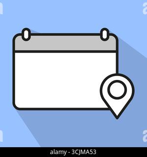 Icona posizione calendario. Simbolo dell'indirizzo dell'evento. Grafico vettore pin GPS. Illustrazione su sfondo blu. EPS 10. Illustrazione Vettoriale