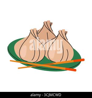 Gnocchi di xiaolongbao cinesi o cibo baozi. Panino asiatico tradizionale al vapore con carne di maiale. Alimentazione o pasto orientale della Cina. Icona dim sum per ricette culinarie o culinarie, menu del ristorante. Tangbao Illustrazione Vettoriale