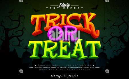 Illustrazione di Halloween Trick o Treat Text Effect. Effetto grafico vettoriale modificabile e scalabile con caratteri tipografici arancioni e verdi attivati Illustrazione Vettoriale