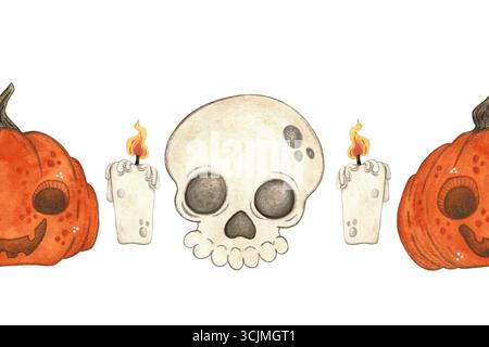 Bordo senza cuciture di teschi, zucche festose e candele. Illustrazione acquerello disegnata a mano, cartone animato. Disegno per nastri, inviti, striscioni Foto Stock