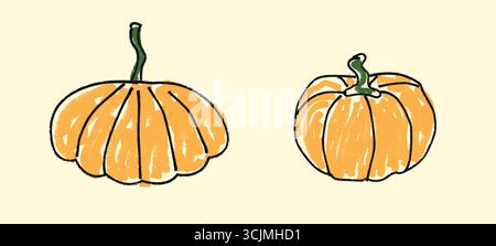 Zucca autunnale con semplici linee disegnate a mano. Raccolto, stagione autunnale. Concetto di verdura del Ringraziamento, cibo per le vacanze autunnali, prodotto agricolo biologico Illustrazione Vettoriale
