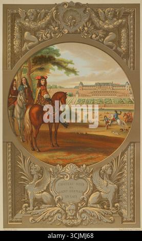 Luigi XIV, noto come "il Re Sole" (1638-1715). Re di Francia (1643-1715). Luigi XIV, accanto a Turenne, prese parte alla caccia di uccelli, con vista su Château-Neuf (residenza reale tra il 1659 e il 1680) e sulle terrazze di Saint-Germain-en-Laye, nel 1669. Litografia di Gaulard basata su un dipinto del pittore fiammingo Adam Frans van der Meulen (1632-1690). Cromolitografia. XVI siècle: lettres, Sciences et Arts, France 1590-1700 (XVII secolo: Lettere, scienze e arti), di Paul Lacroix. Pubblicato a Parigi da Librairie de Firmin-Didot et Cie, 1882. Foto Stock