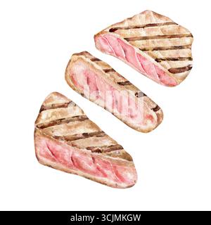 Bistecca di tonno grigliata a fette di acquerello isolata su sfondo bianco Foto Stock