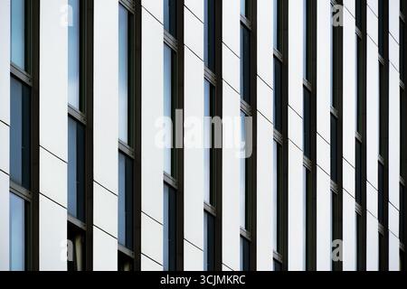 Facciata minimalista dell'ufficio con pannelli bianchi nitidi e strette finestre verticali che creano ritmo e astrazione geometrica. Foto Stock