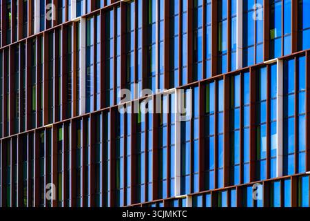 Moderna facciata da ufficio con cornice scura a griglia e finestre riflettenti che creano profondità, ordine e ritmo architettonico. Foto Stock