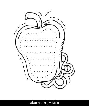 Adesivo con cornice per appunti per bambini con verdure mature al peperone. Contorno punteggiato bianco e nero vettoriale paprika sana con linee di scrittura tratteggiate interne. Foglio di lavoro didattico per la pratica della scrittura a mano Illustrazione Vettoriale