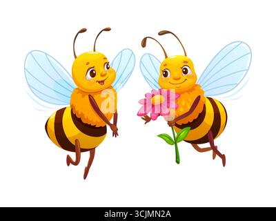 I personaggi delle api del miele dei cartoni animati volano insieme, adorabili insetti che donano fiori a un partner sorridente. Coppia romantica di api innamorate, facce felici personaggi carini che simboleggiano la primavera, l'amicizia e l'affetto Illustrazione Vettoriale