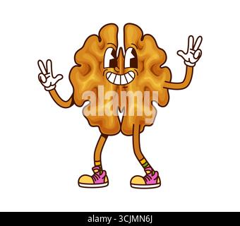 Il personaggio Cartoon Groovy Noce è un gesto di pace sorridente e sfavillante, che mette in mostra un'atmosfera sana ed energica di y2k. Vector Lively Seed isolato o personage a kernel in posa con guanti e scarpe da ginnastica Illustrazione Vettoriale