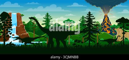 I dinosauri si stagliano sul paesaggio vulcanico preistorico, sulla vegetazione lussureggiante e sulle cascate che rappresentano l'antica natura della Terra e la scena di sopravvivenza primordiale con la fauna selvatica dell'era giurassica e gli animali dinosauri Illustrazione Vettoriale