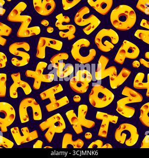 Font formaggio, caratteri svizzeri gialli e madam. Motivo senza cuciture. Sfondo con tessere tipografiche vettoriali con simpatici caratteri maiuscoli dell'alfabeto cartoni animati, numeri e simboli in formaggio giallo con fori Illustrazione Vettoriale